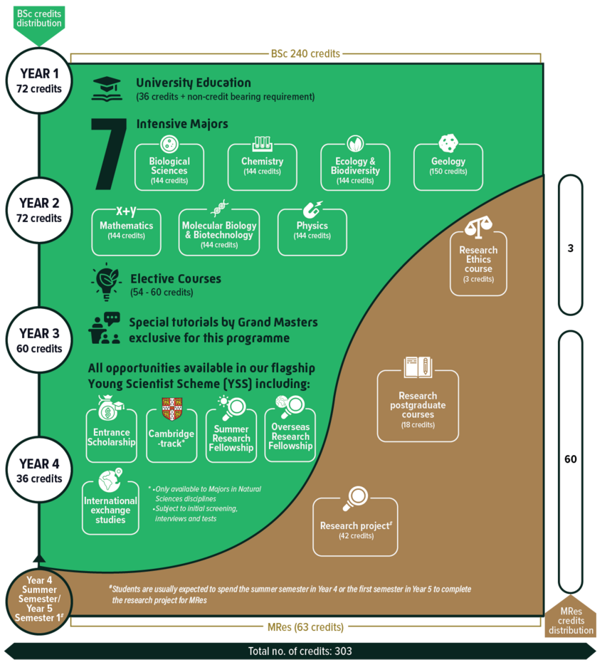 Here is an example of study path for the Science Master Class programme.   There are 7 Intensive Majors available for students to choose from for their undergraduate studies, namely Biological Sciences (Intensive), Chemistry (Intensive), Ecology & Biodiversity (Intensive), Geology (Intensive), Mathematics (Intensive), Molecular Biology & Biotechnology (Intensive) and Physics (Intensive), together with the university education and elective courses.  In addition to study of disciplinary-based Intensive Majors and special tutorials by Grand Masters exclusive for this programme, an array of opportunities in our flagship Young Science Scheme (YSS) including entrance scholarship, Cambridge-track, Summer Research Fellowship, Overseas Research Fellowship and International exchange studies are also available to the students. Note that the Cambridge-track is only available to Majors in Natural Sciences disciplines.  Courses such as research ethics, research postgraduate course and research project, will be offered to students to enhance their frontier scientific knowledge and research skills.  The study comprises two degrees, with 240 credits for the BSc degree and 63 credits for the MRes one, making up 303 credits in total. Students are usually expected to spend the summer semester in Year 4 or the first semester in Year 5 to complete the research project for MRes.